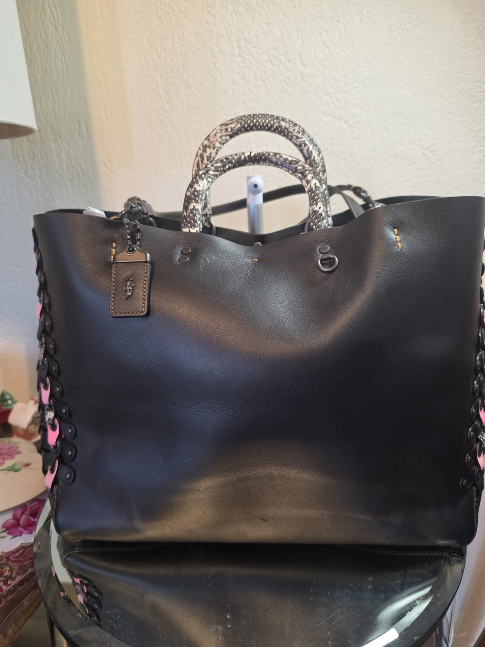 Coach 1941 Rogue Tote Bag Black And Pink With Snakeskin Handles *rare*